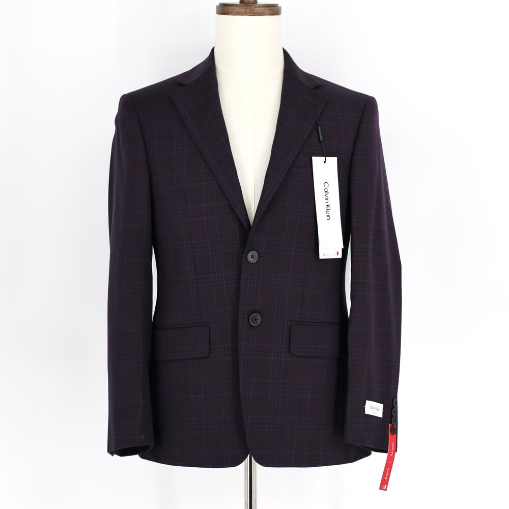 Calvin Klein Men's Navy/Burgundy Plaid Wool Morgan Slim-Fit Suit Blazer Size 36S